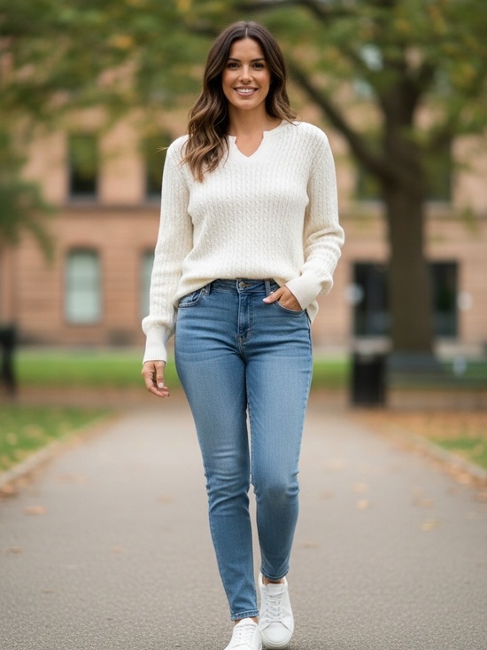 JEANNE PIERRE Sweaters - JEANNE PIERRE Cream Cable Knit Scoop Neck Sweater
